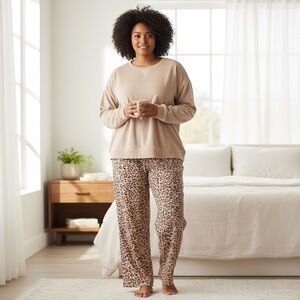 Muk Luks Cozy Lounge Pajama Set Tan Leopard Print PXL